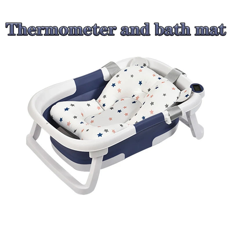 baignoire pliable avec coussin bleu et blanc
